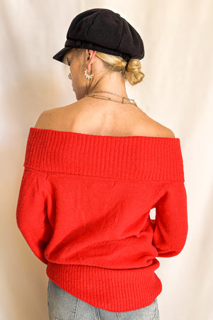 Relaxed Fold Down Off Shoulder Sweater / Red