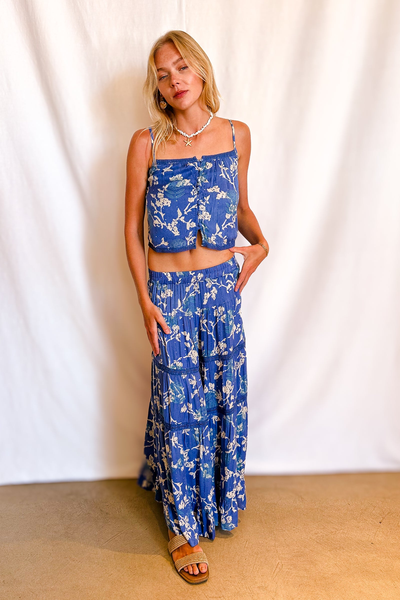 Beige Twig Floral Maxi Skirt / Blue