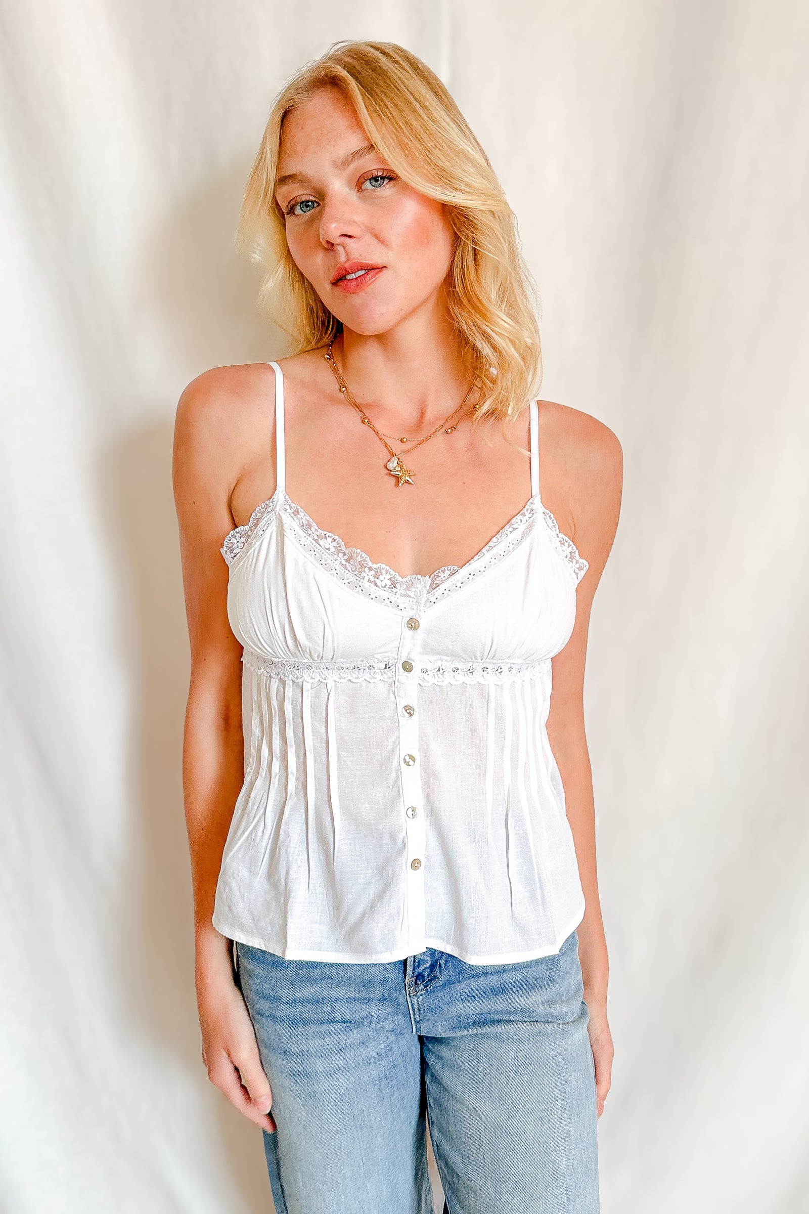 Boho Lace Trim Button Up Camisole Top / White