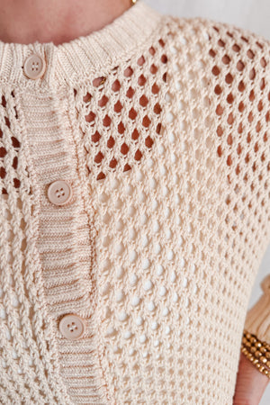 Crochet Knit Button Down Cardigan / Beige