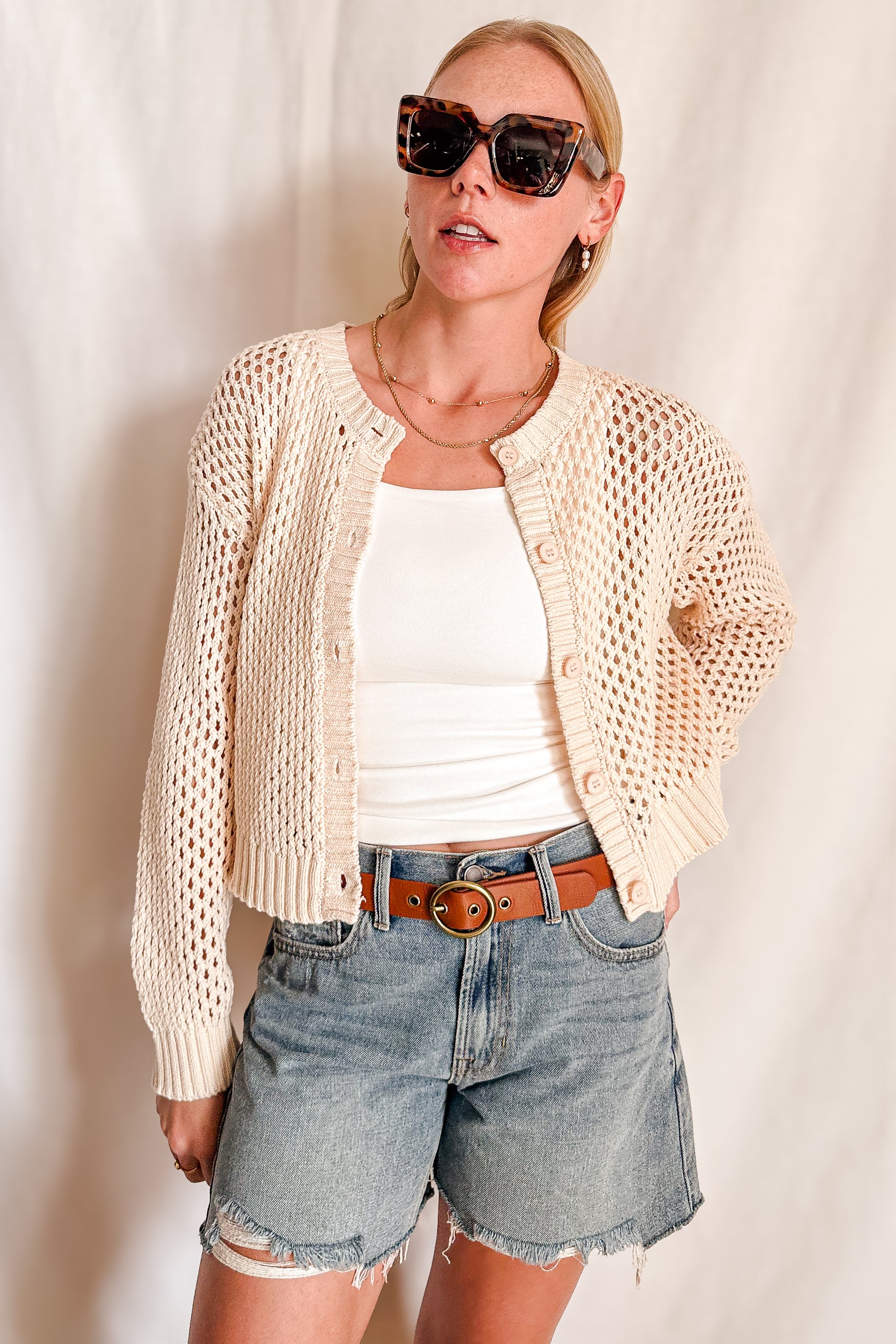 Crochet Knit Button Down Cardigan / Beige