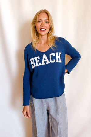 Beach Block Letter V-Neck Sweater / Blue
