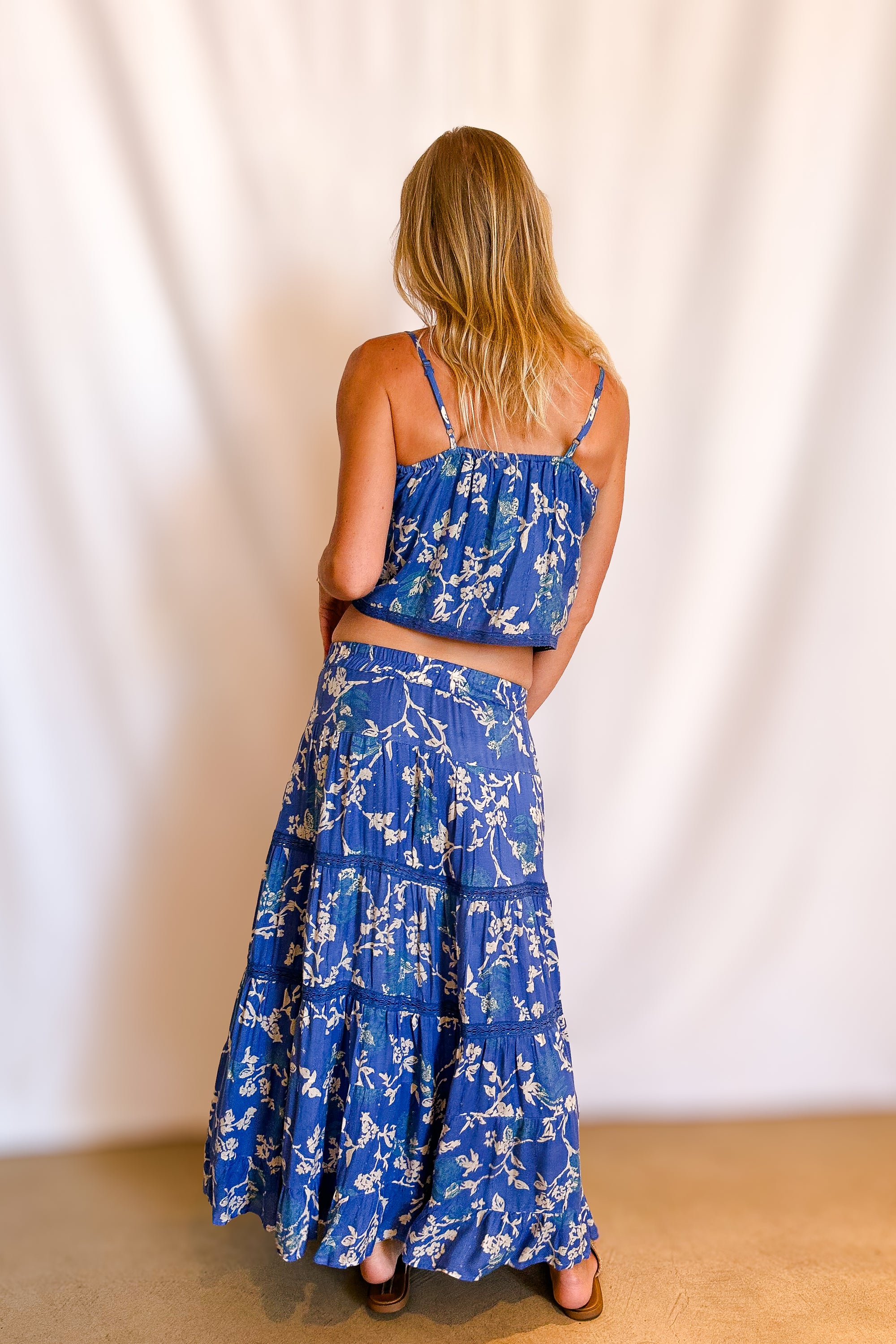 Beige Twig Floral Maxi Skirt / Blue