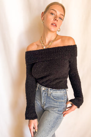 Foldover Neck Boucle Fitted Crop Sweater / Black