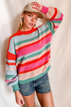 Bright Soft Multi Striped Crewneck Sweater / Pink