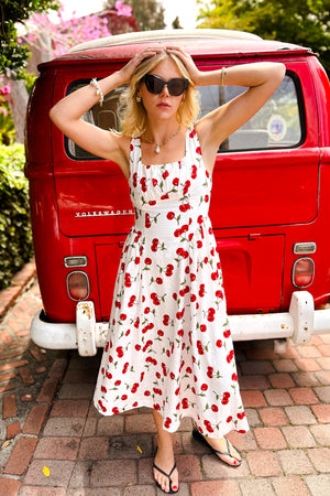 Cherry Print Midi Tank Dress / White