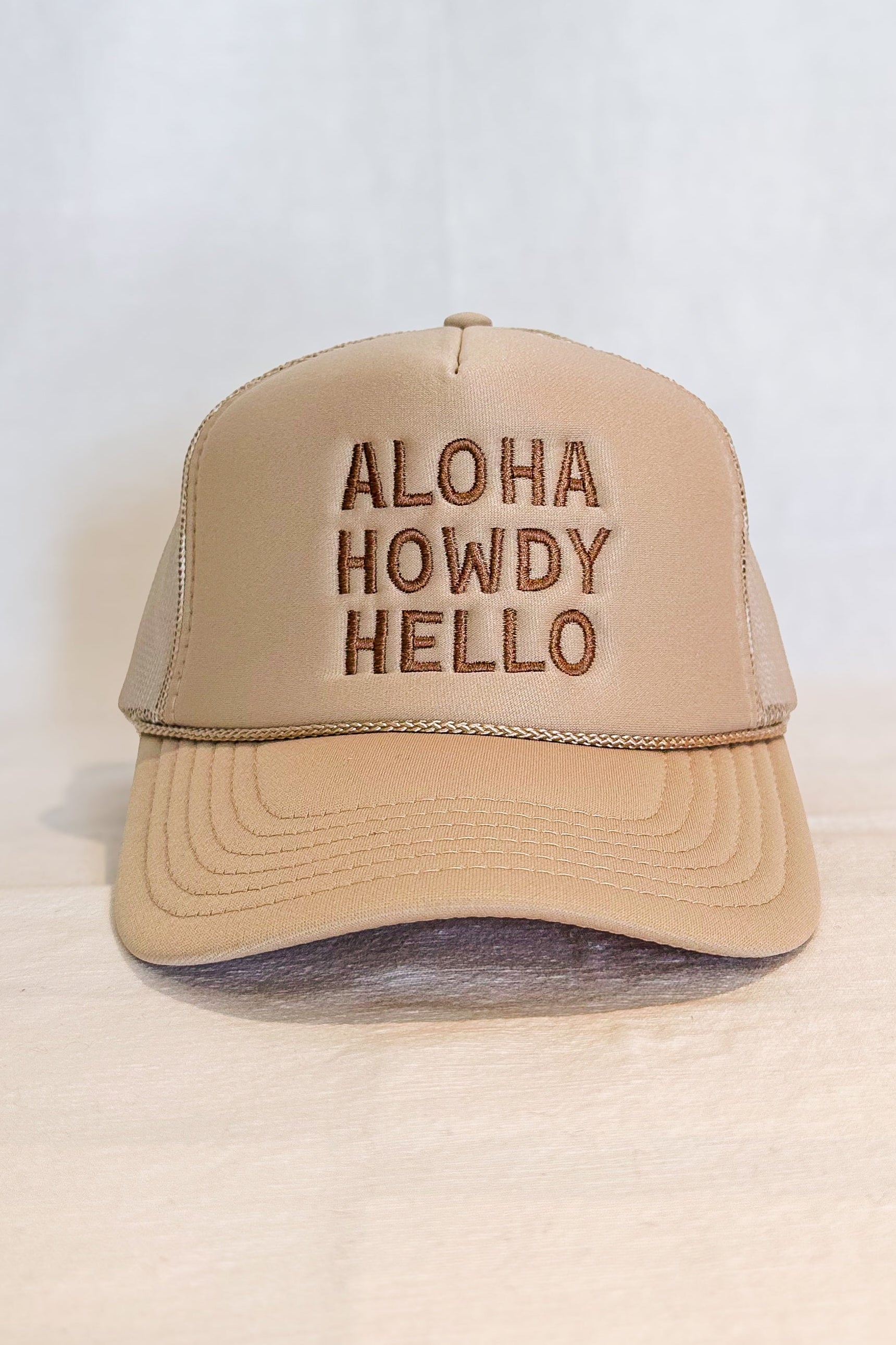 Aloha Howdy Hello Trucker Hat / Beige