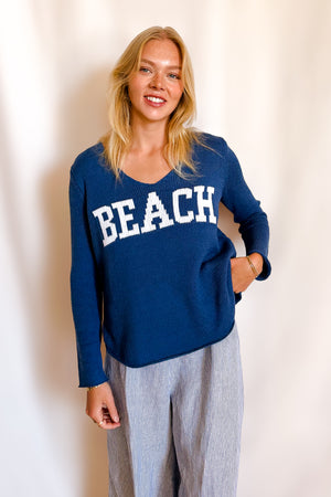 Beach Block Letter V-Neck Sweater / Blue