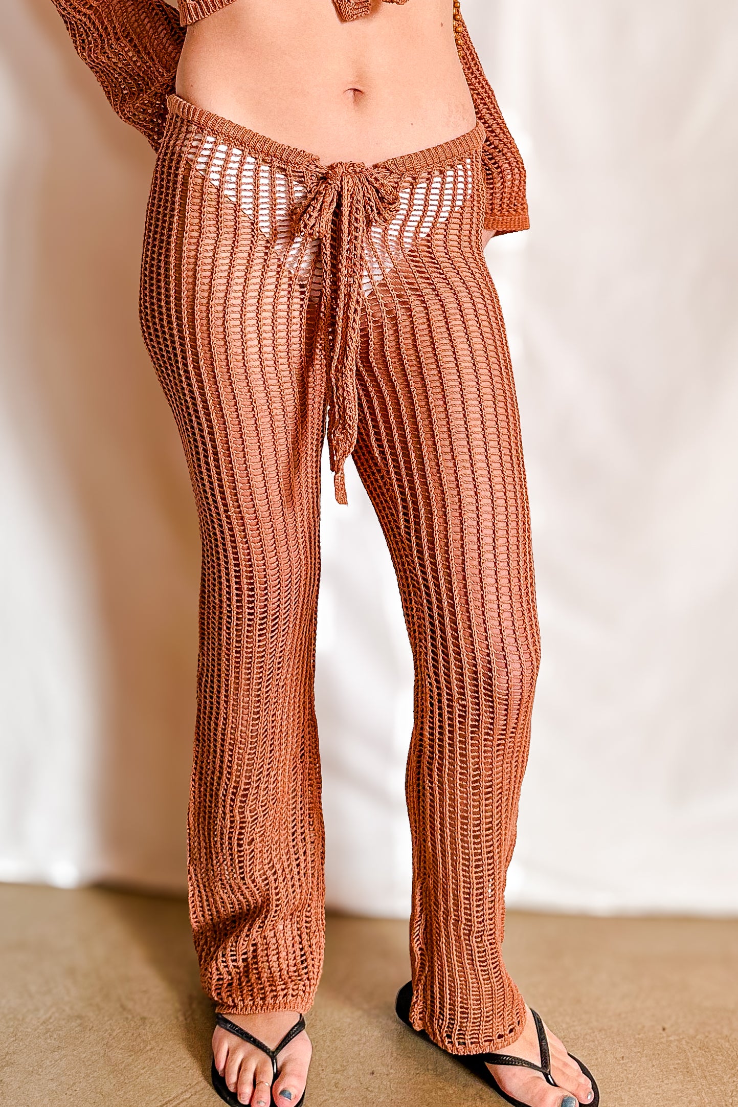 Crochet Sash Dip Front Resort Pant / Brown