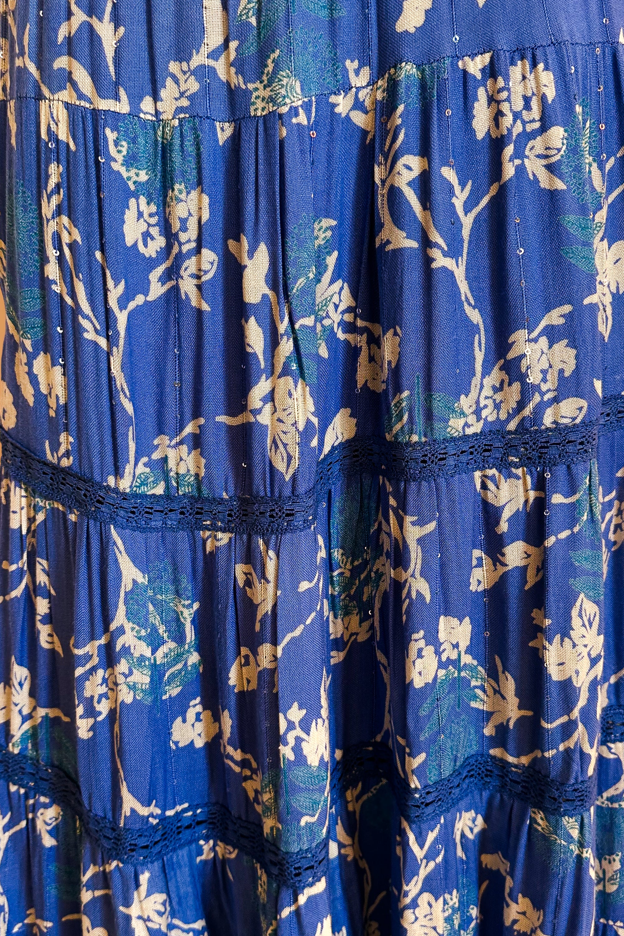 Beige Twig Floral Maxi Skirt / Blue