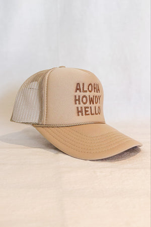 Aloha Howdy Hello Trucker Hat / Beige