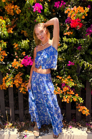 Beige Twig Floral Maxi Skirt / Blue