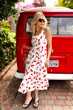 Cherry Print Midi Tank Dress / White