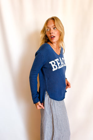 Beach Block Letter V-Neck Sweater / Blue