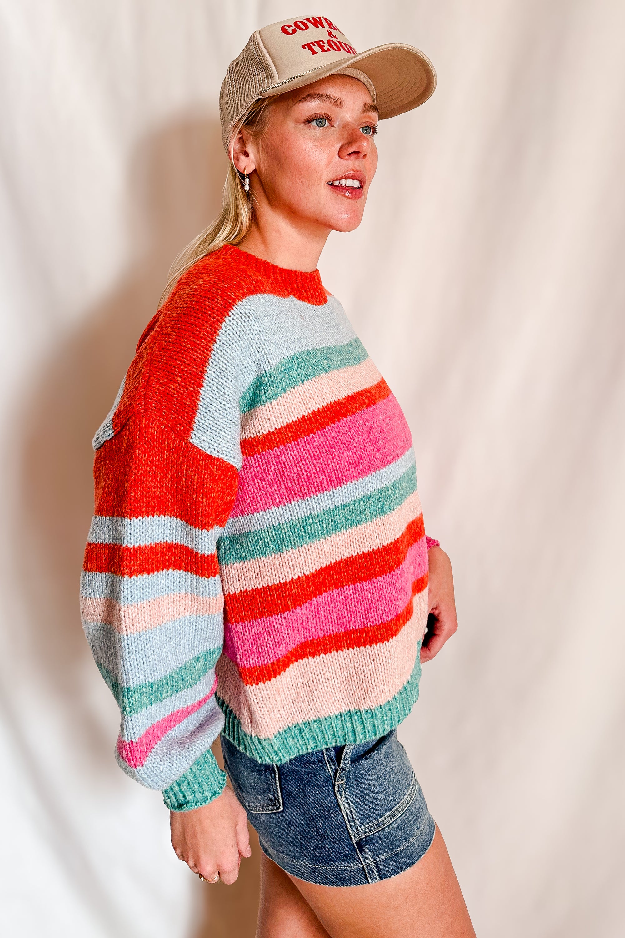 Bright Soft Multi Striped Crewneck Sweater / Pink