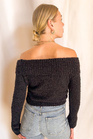 Foldover Neck Boucle Fitted Crop Sweater / Black