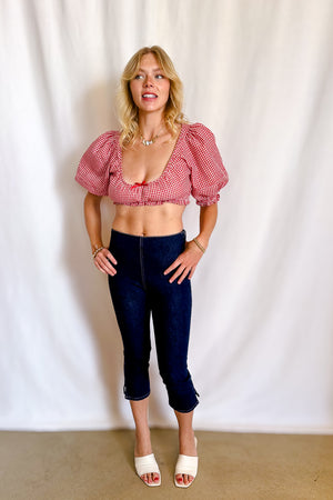 Gingham Puff Sleeve Crop Top / Red