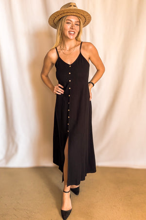 Linen Button Front Cami Midi Dress / Black