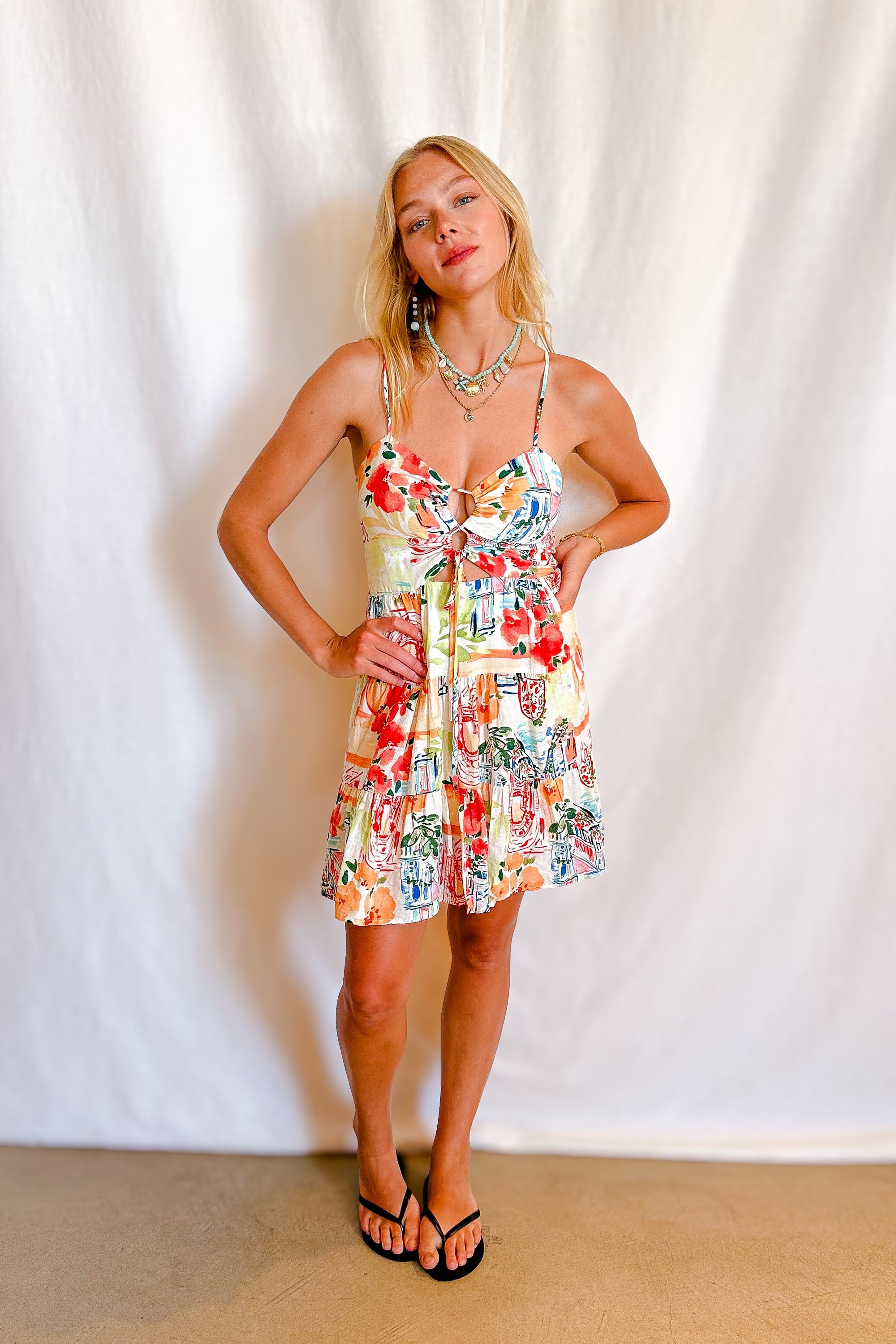 Venice Print Lace Up Bust Short Cami dress / White