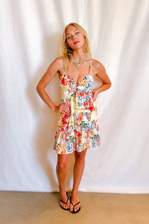 Venice Print Lace Up Bust Short Cami dress / White