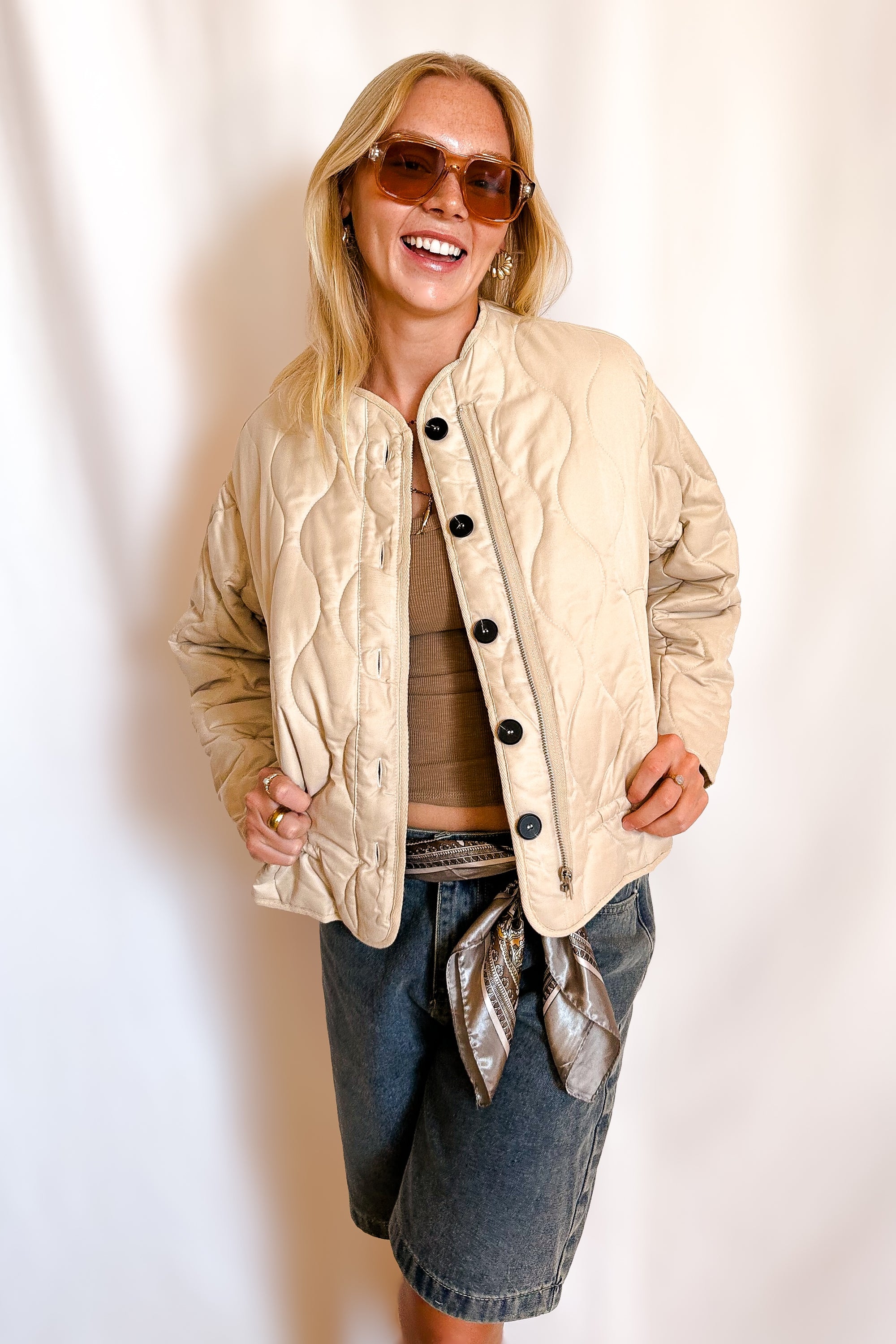 Soft Quilted Button Up Jacket / Beige