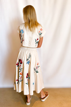 Colorful Embroidered Full Midi Skirt / Beige