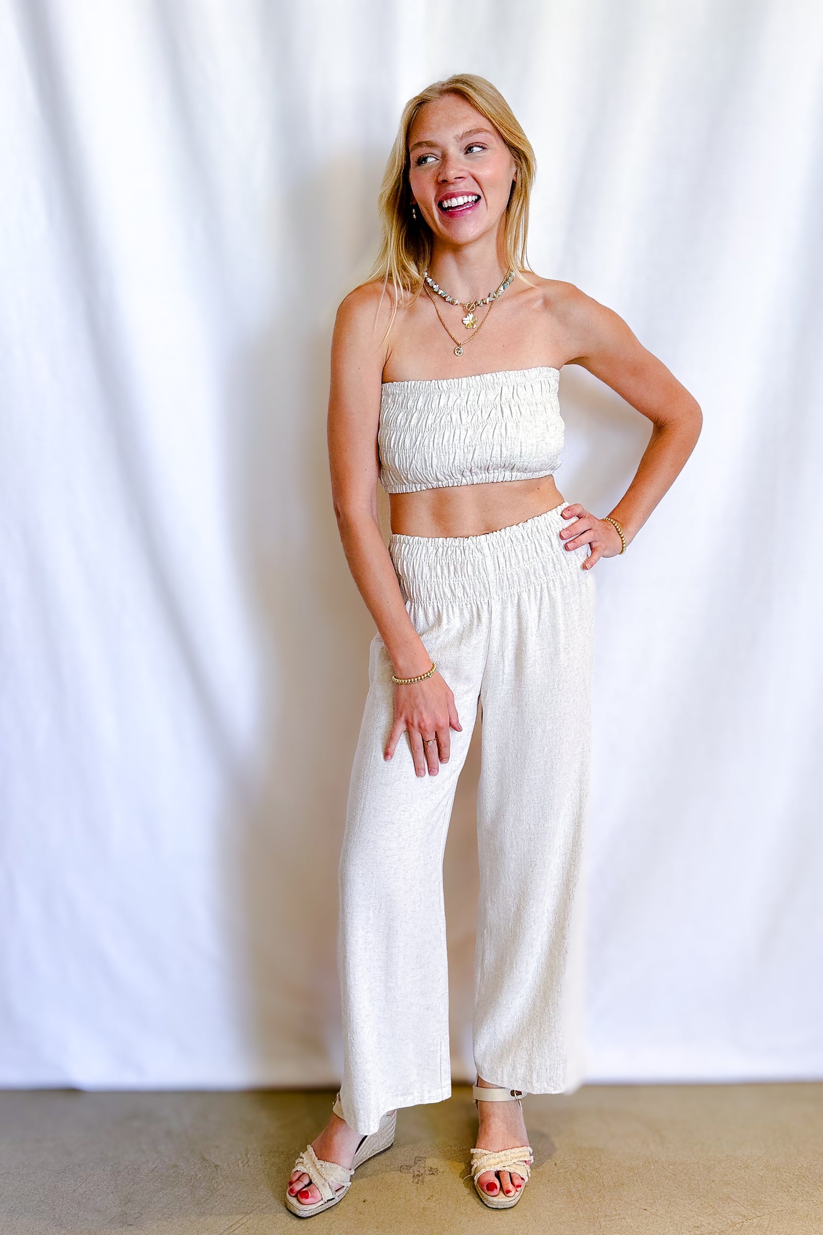 Simple Linen Smock Waist Wide Leg Pant / Natural