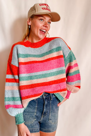 Bright Soft Multi Striped Crewneck Sweater / Pink