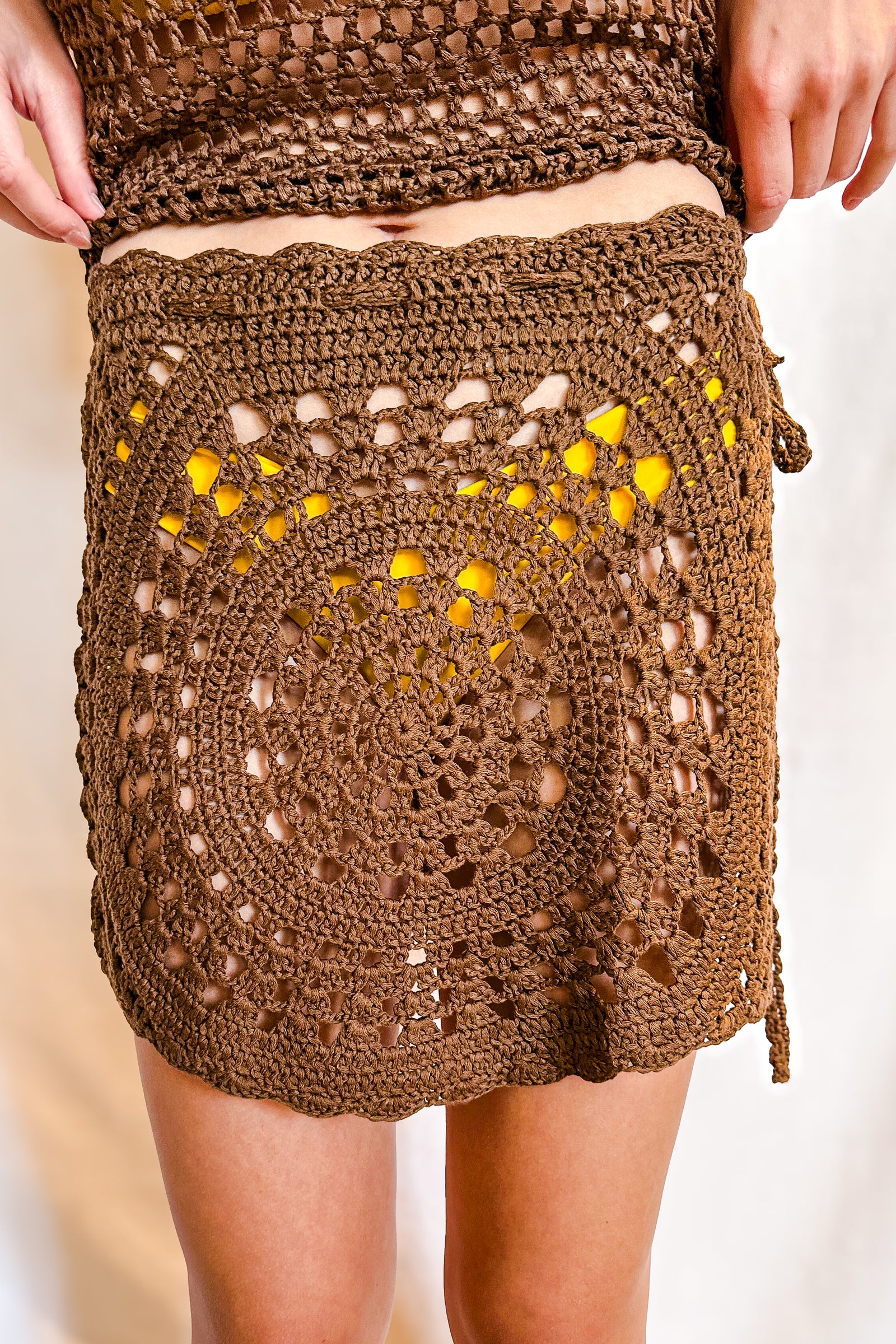 Crochet Side Tie Cover Up Skirt / Brown