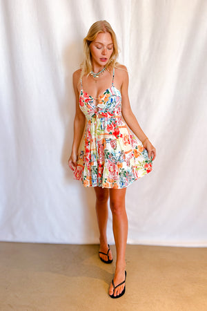 Venice Print Lace Up Bust Short Cami dress / White