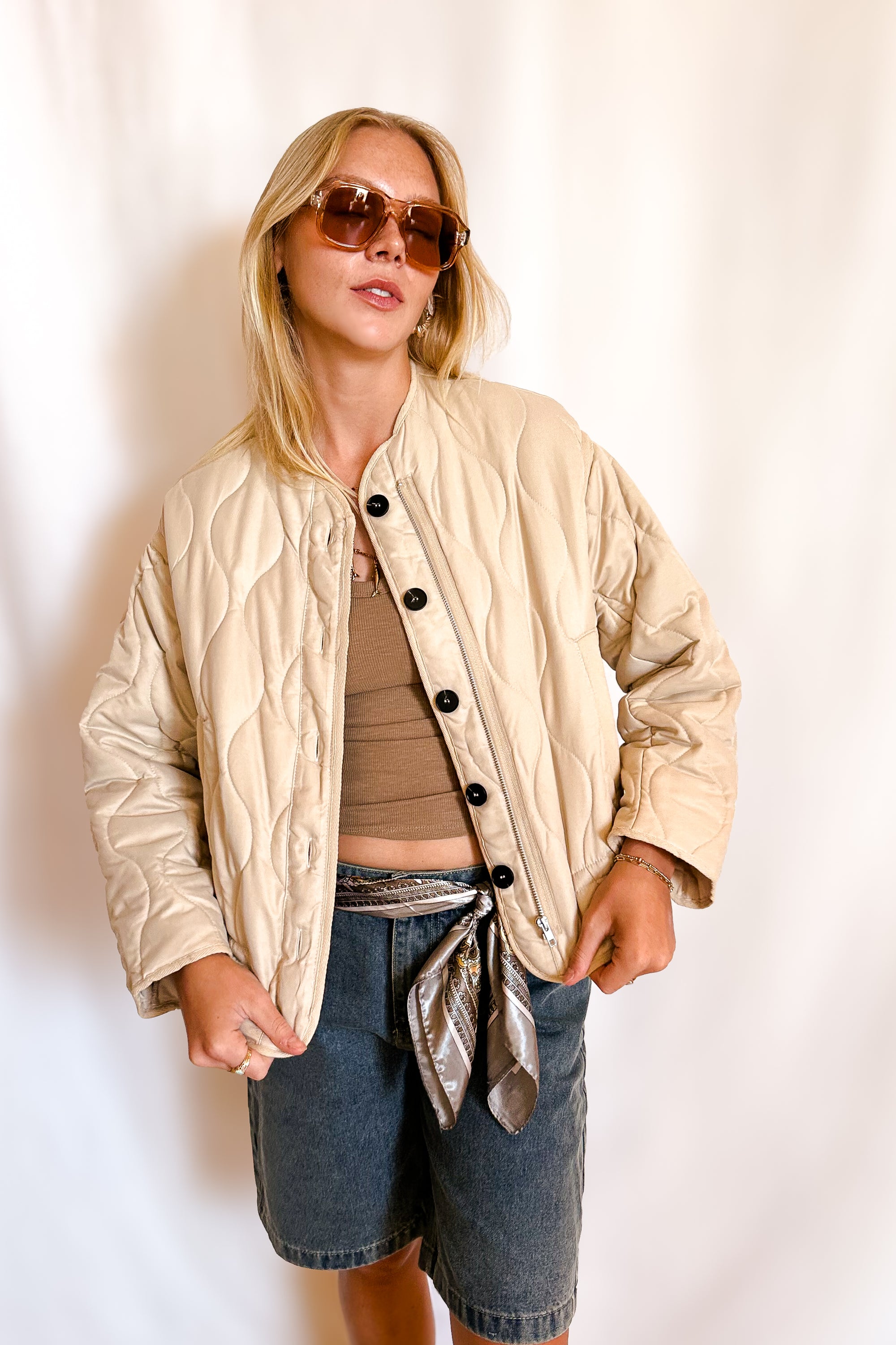 Soft Quilted Button Up Jacket / Beige