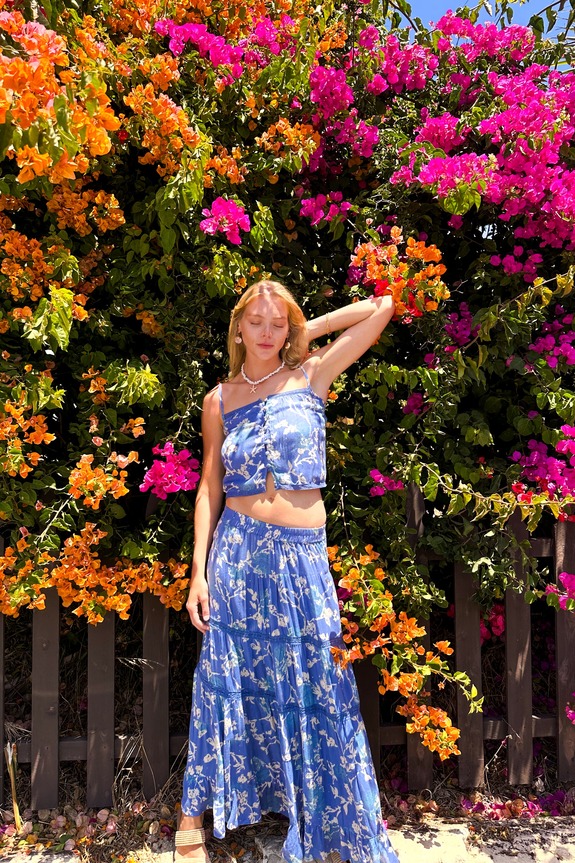 Beige Twig Floral Cami Top / Blue