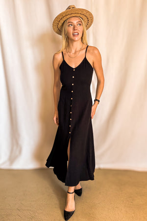 Linen Button Front Cami Midi Dress / Black