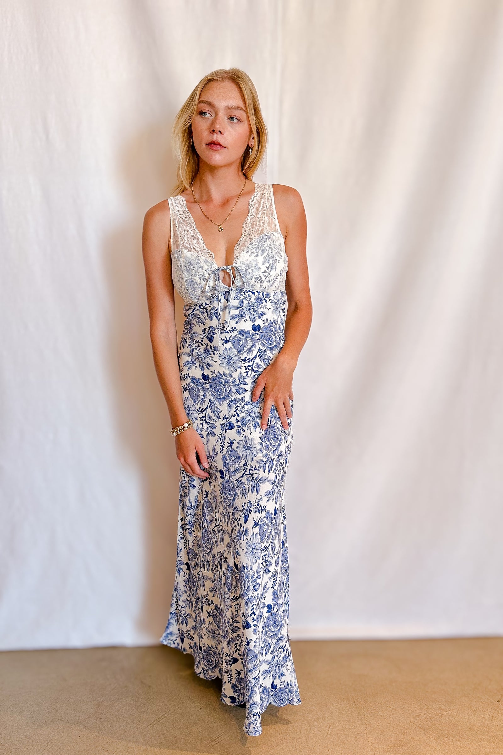 Paris Blue Lace Top Bias Maxi Dress / Ivory
