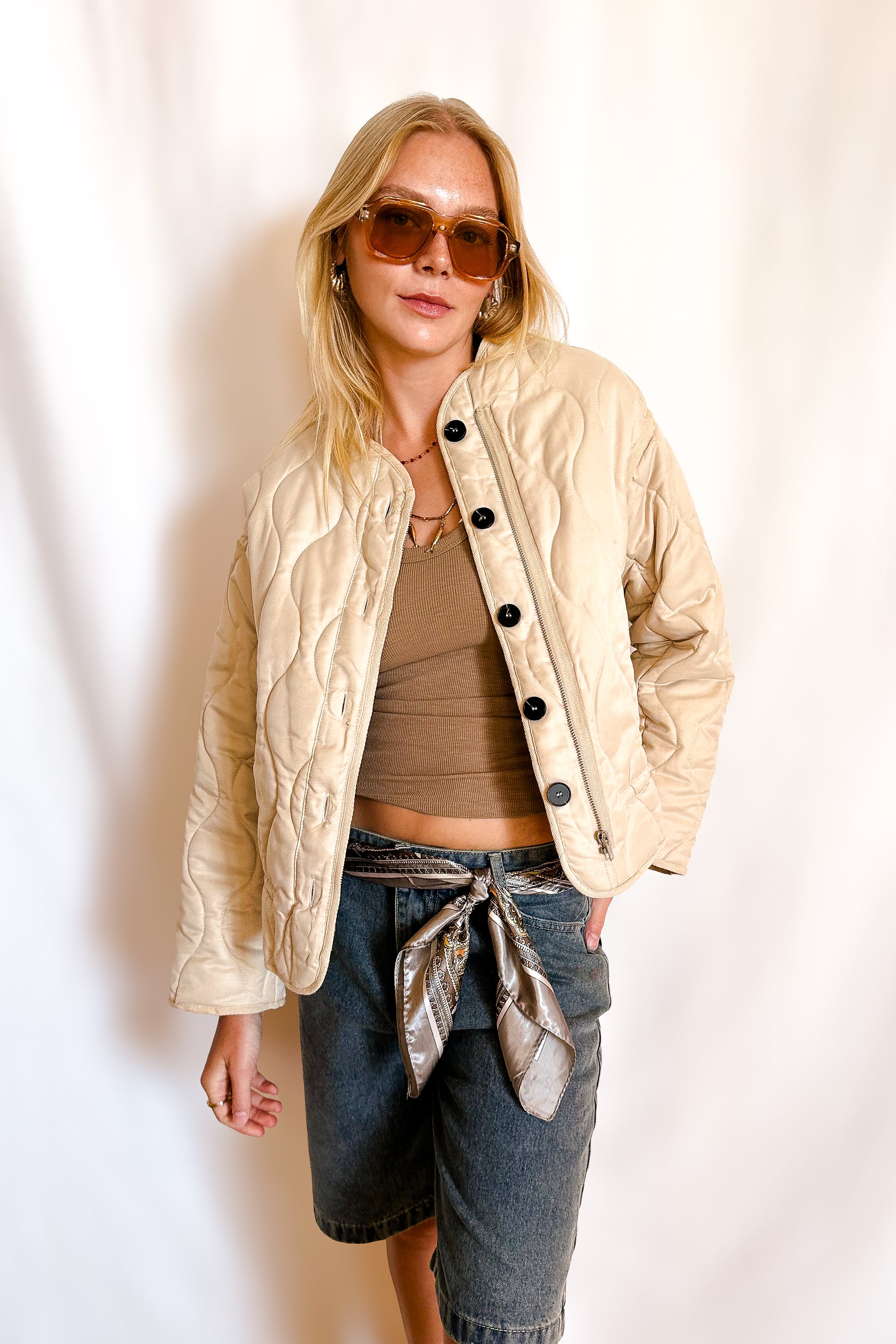 Soft Quilted Button Up Jacket / Beige