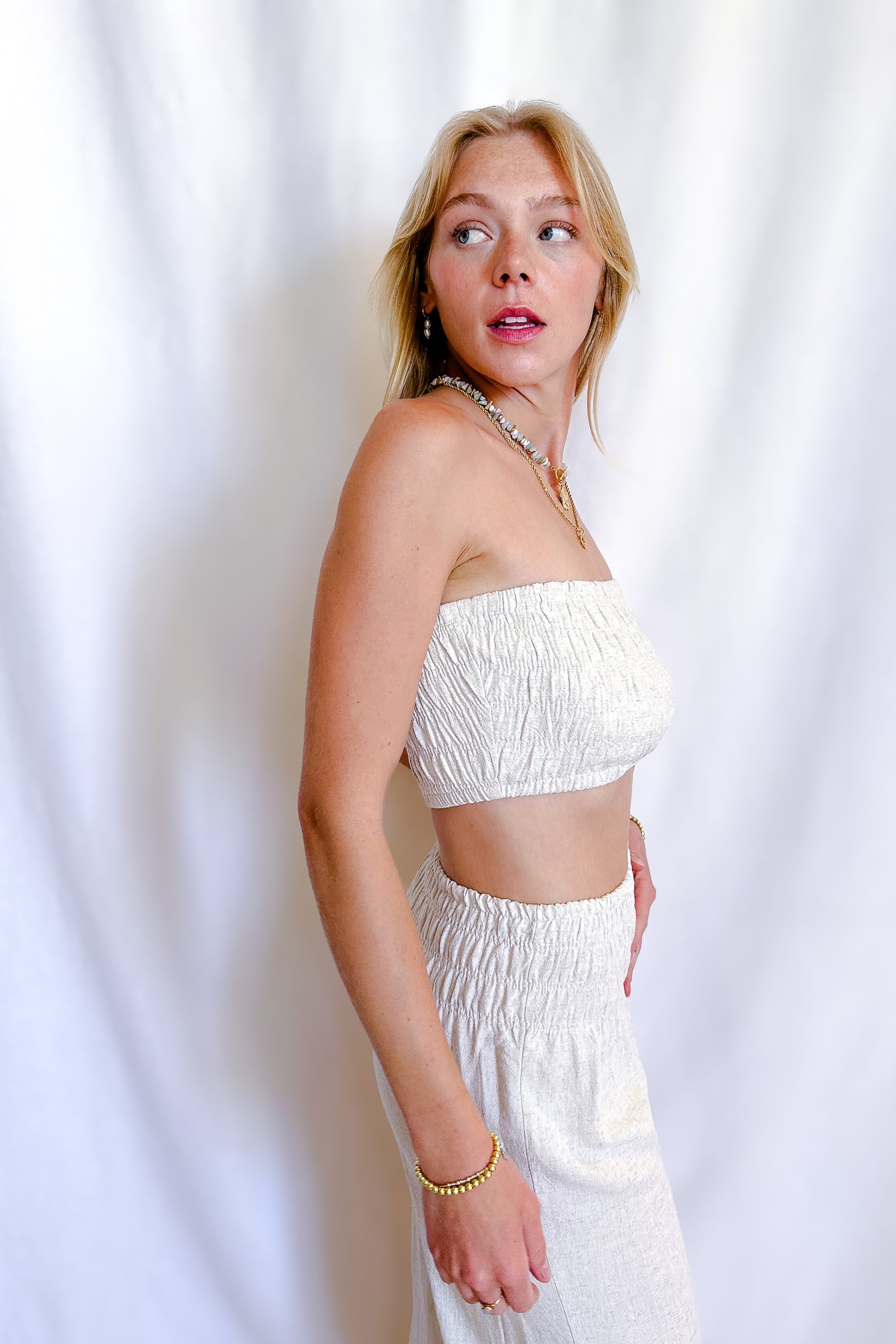 Linen Smocked Tube Crop Top / Natural