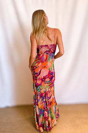 Tropical Chiffon Mermaid Maxi Dress / Coral
