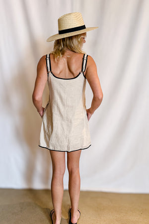 Linen Sleeveless Piping Detail Short Dress / Oat