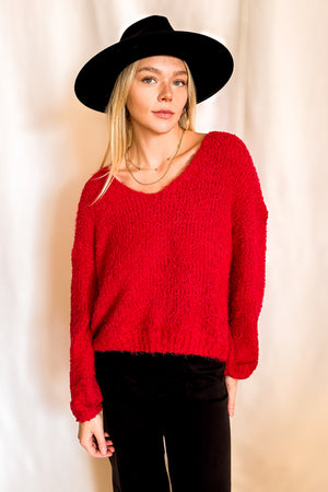 Fluffy V-Neck Sweater / Red