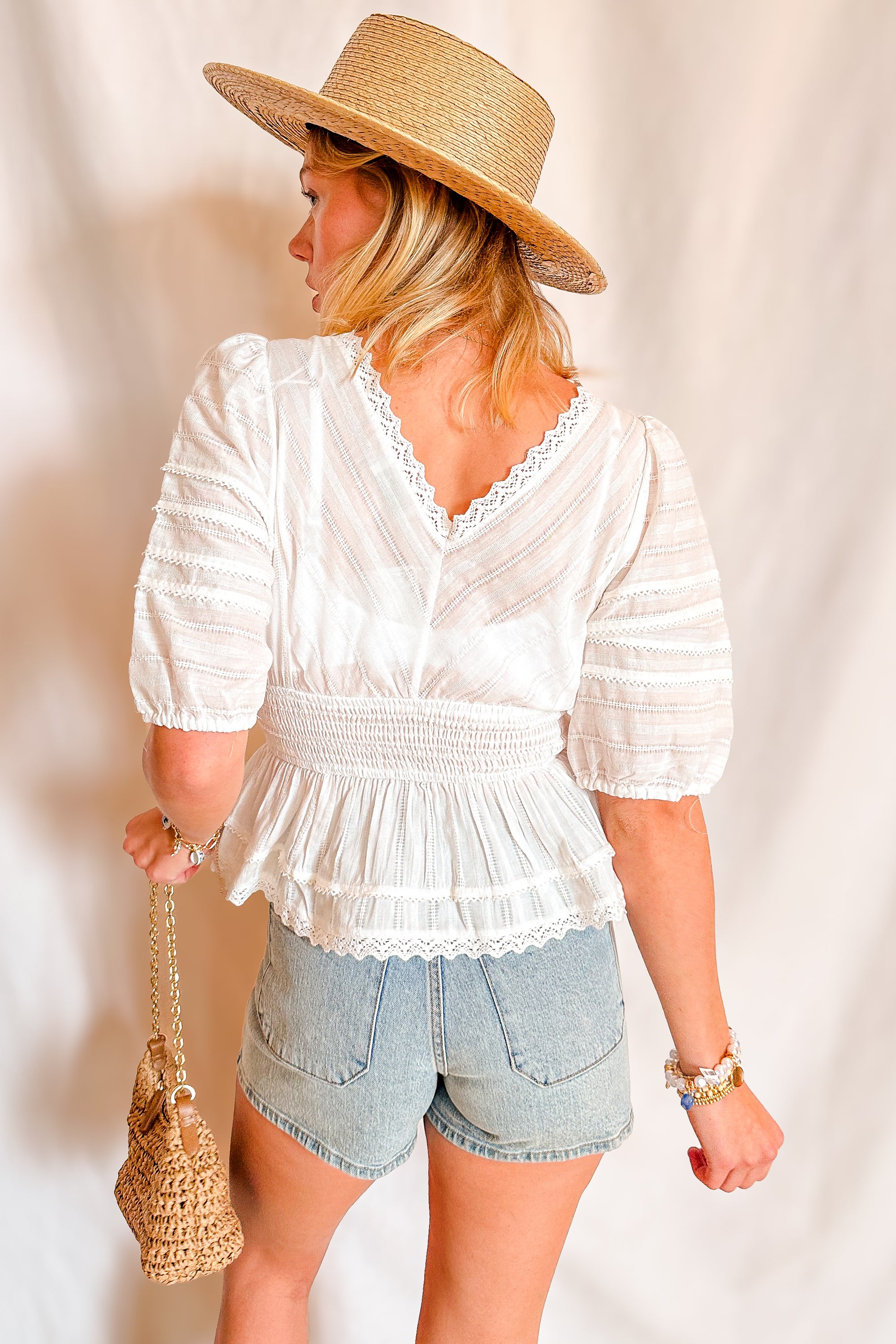 Eyelet Stretch Waist Peplum Short Sleeve Top / Ivory