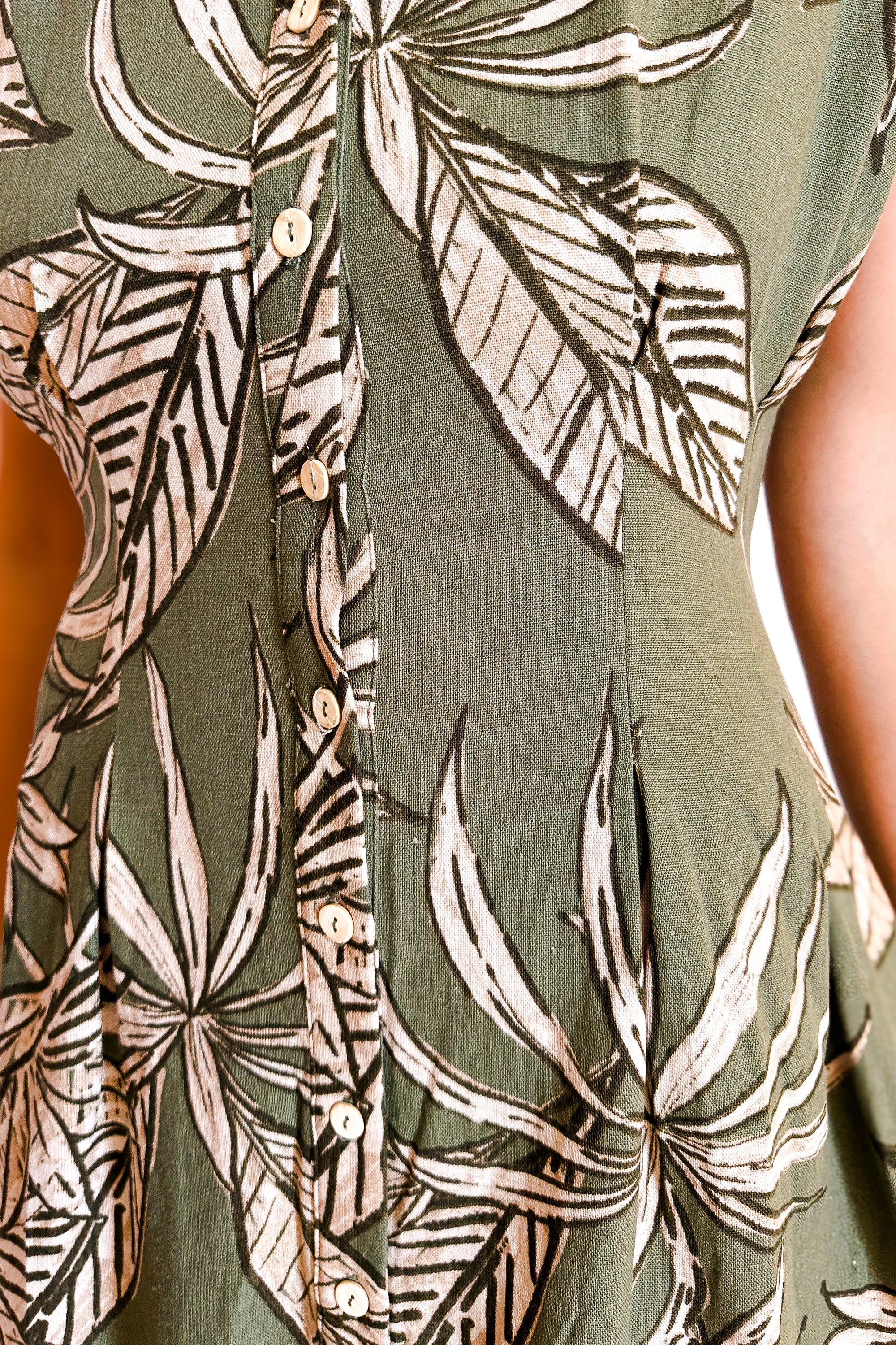 Linen Palm Button Up Open Back Sleeveless Dress / Olive