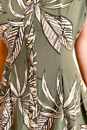 Linen Palm Button Up Open Back Sleeveless Dress / Olive