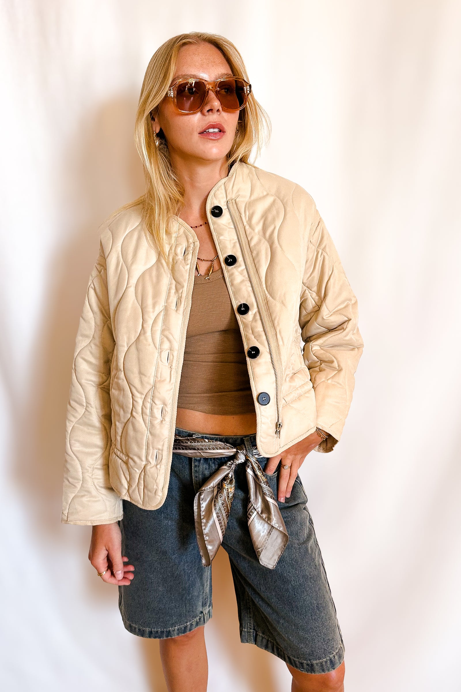 Soft Quilted Button Up Jacket / Beige