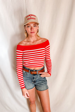 Knit Striped Off Shoulder Mid Sleeve Top / Coral