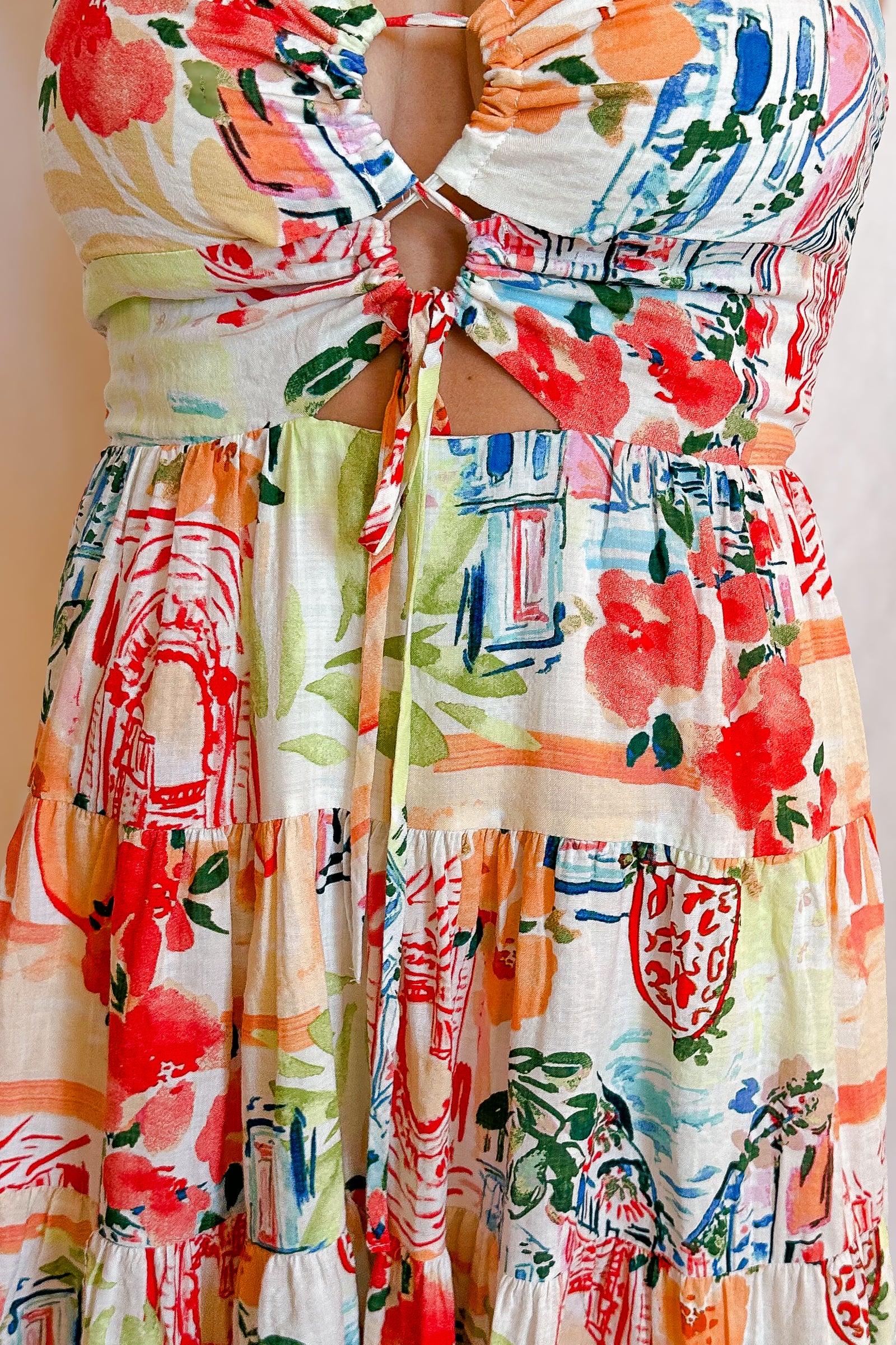 Venice Print Lace Up Bust Short Cami dress / White