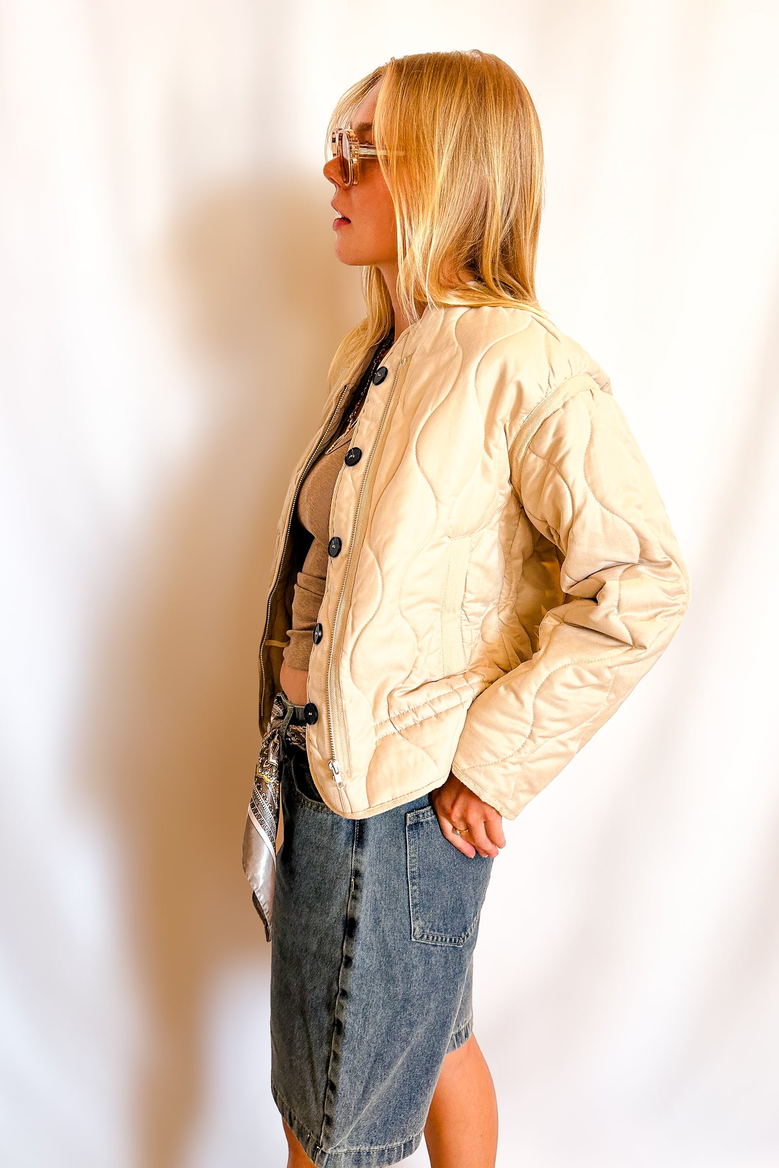 Soft Quilted Button Up Jacket / Beige