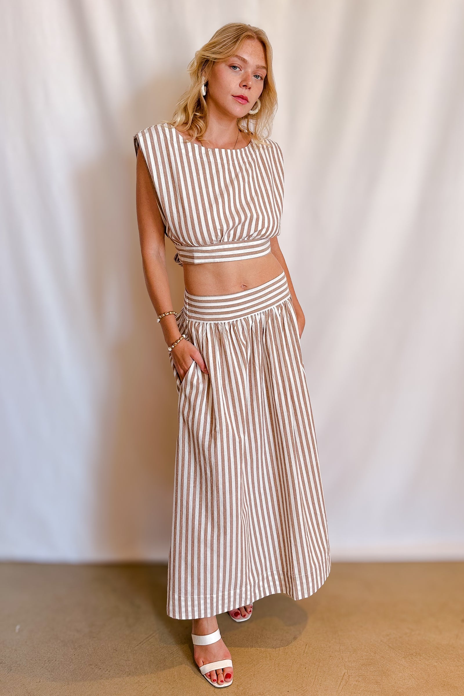 Brown Striped Cotton Maxi Skirt / Ivory