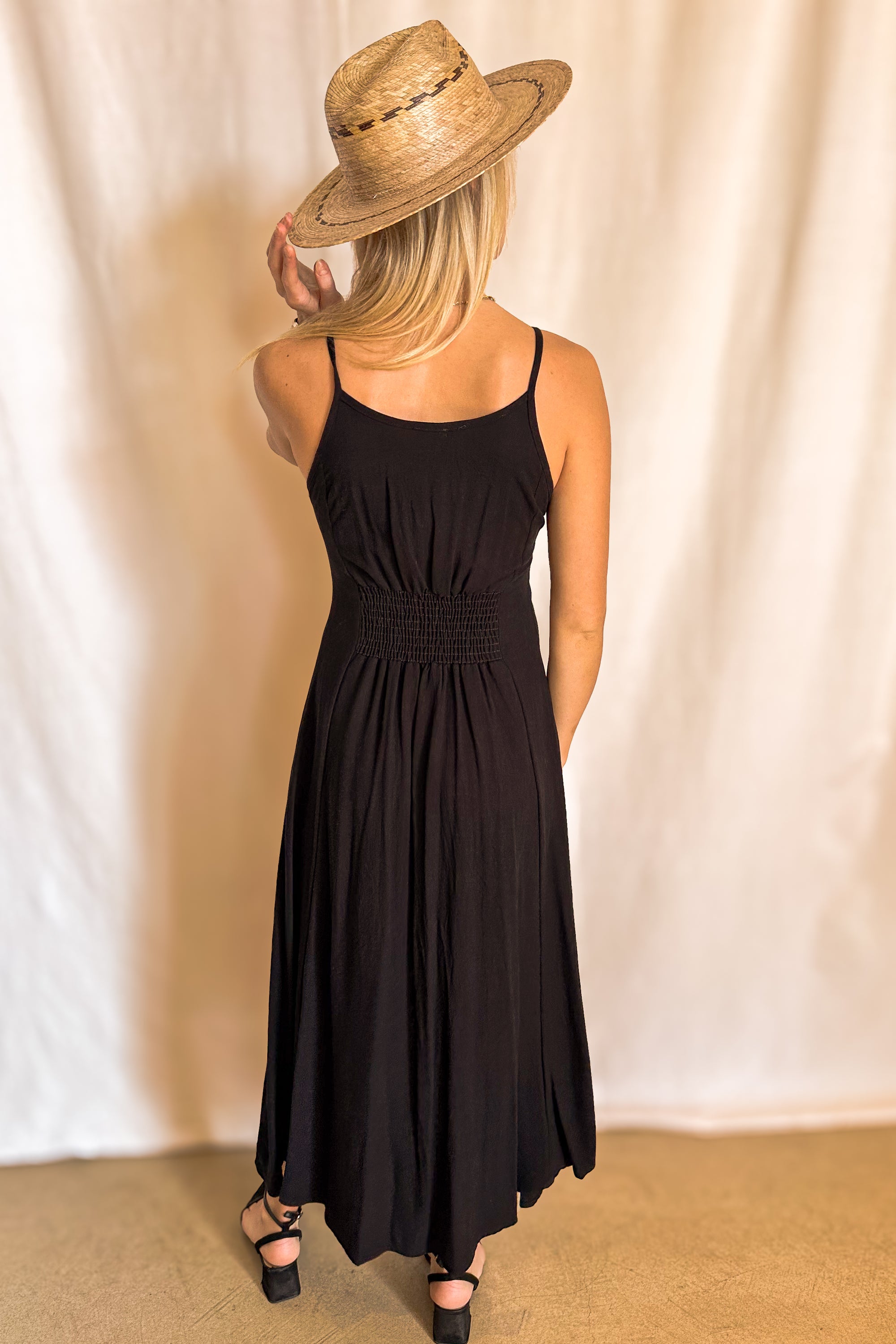 Linen Button Front Cami Midi Dress / Black