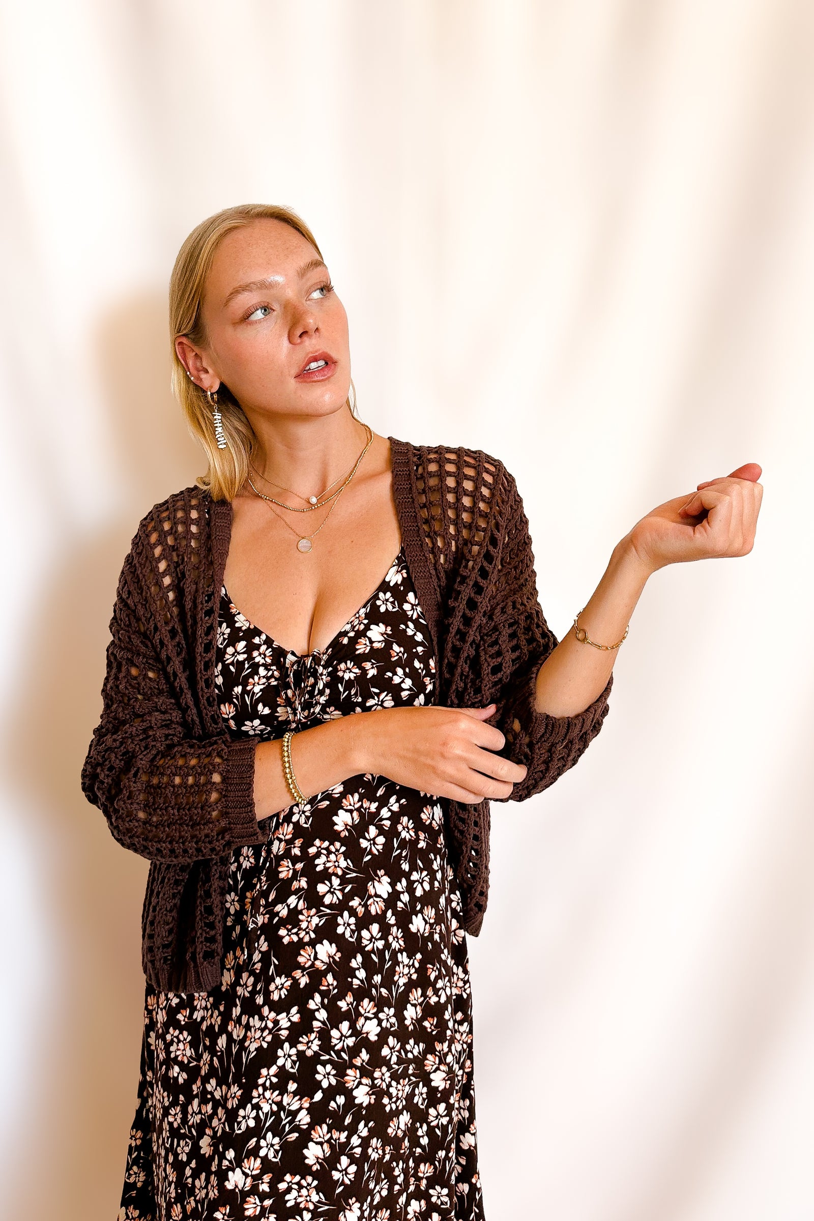 Crochet Waist Length Open Cardigan / Brown