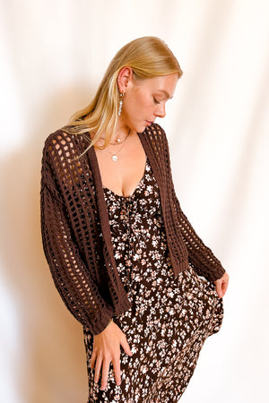 Crochet Waist Length Open Cardigan / Brown
